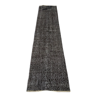 Distressed turkish narrow runner 290 x 60 cm wool vintage rug, overdyed black