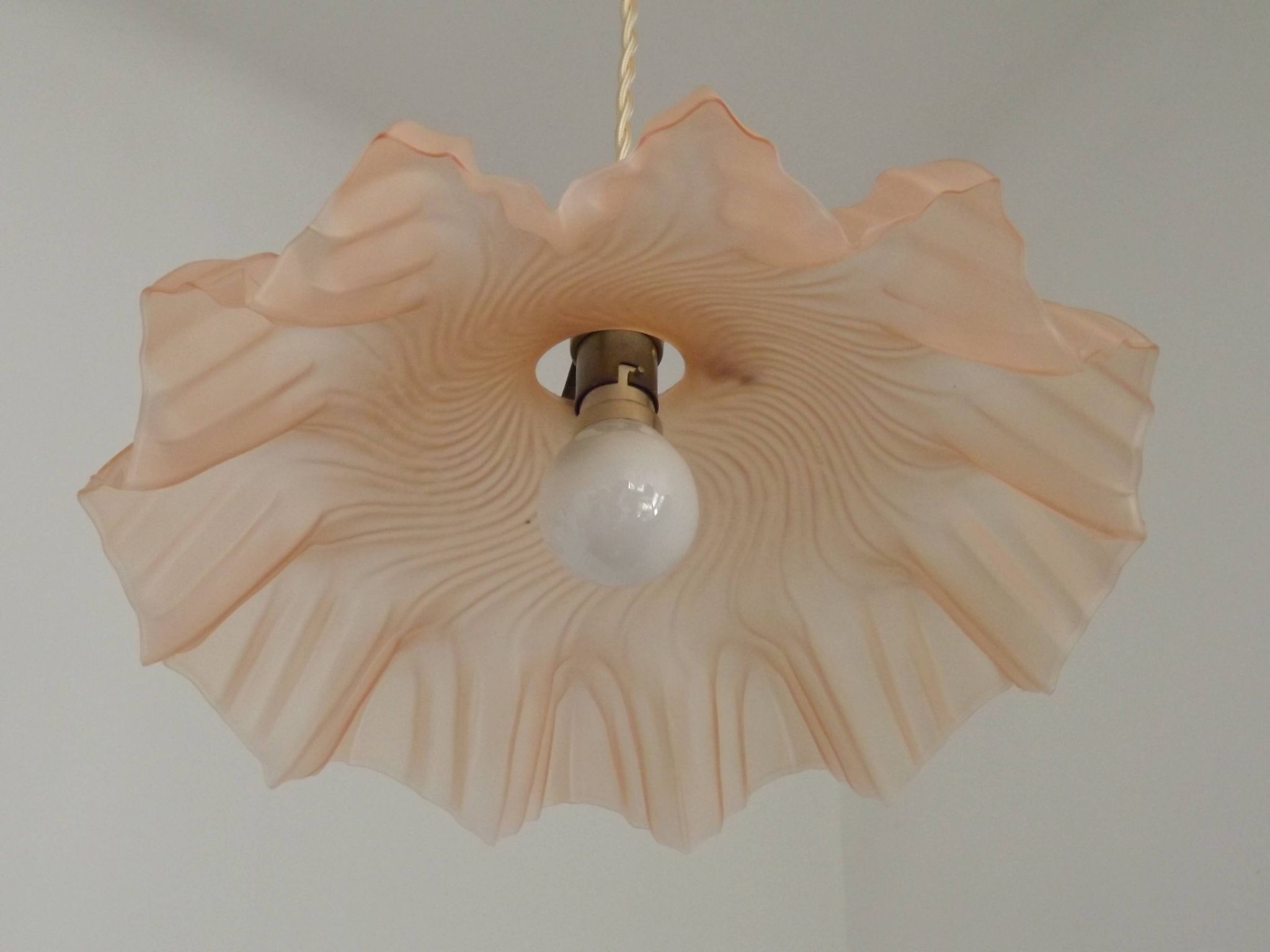 French Vintage 1930s Pink Frilled Glass Shade Hanging Light Brass Fittings