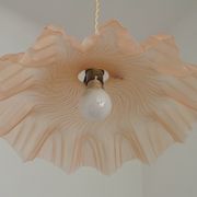 French Vintage 1930s Pink Frilled Glass Shade Hanging Light Brass Fittings