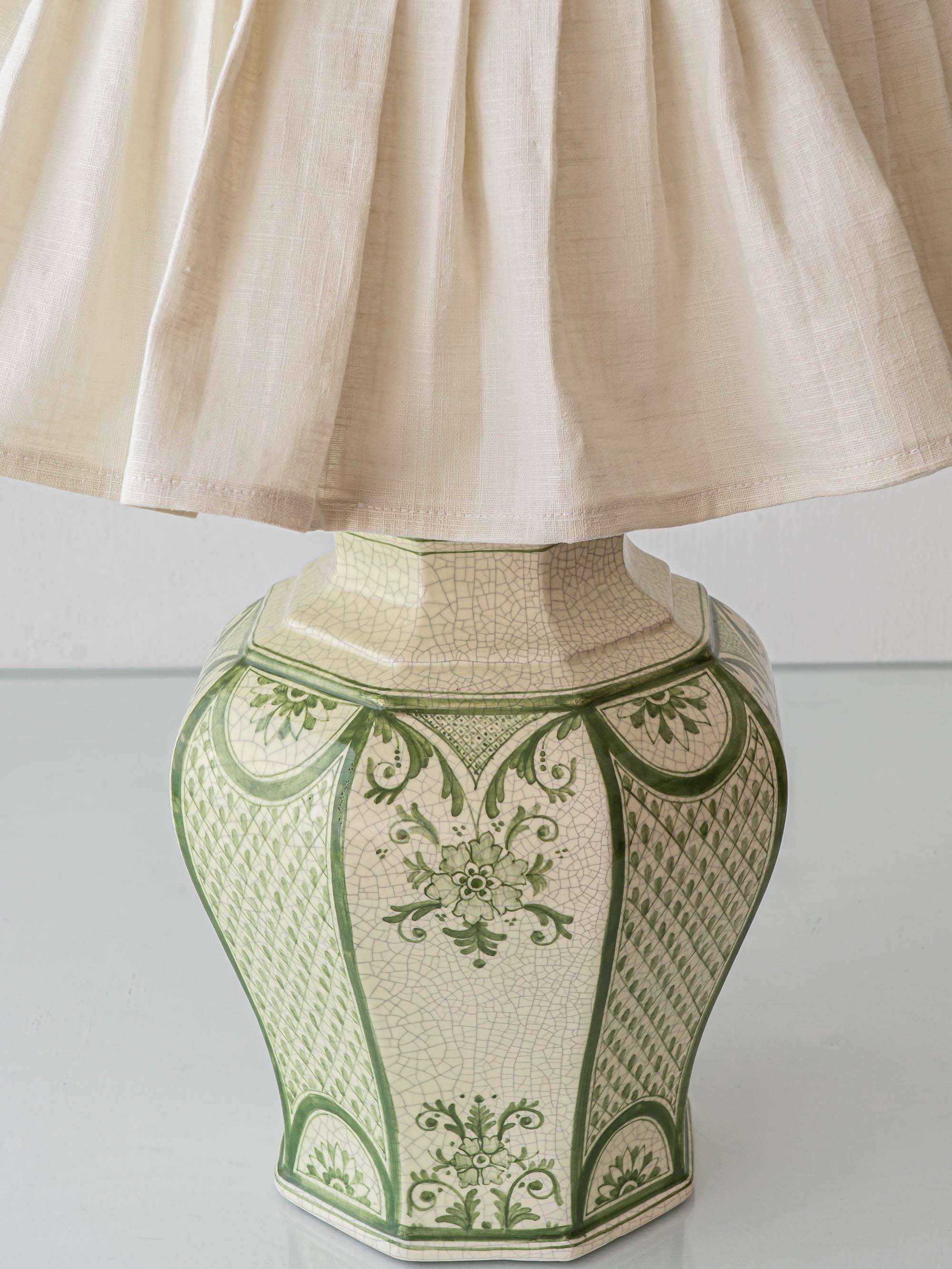 Spanish Revival Table Lamp in Green Ivory Crackle Ceramic, New Linen Shade