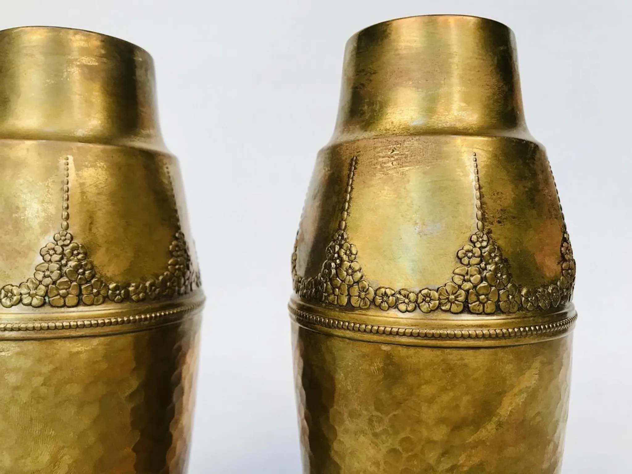 Art Nouveau Wrought & Hammered Brass Vases from WMF Germany 1920s, Set of 2