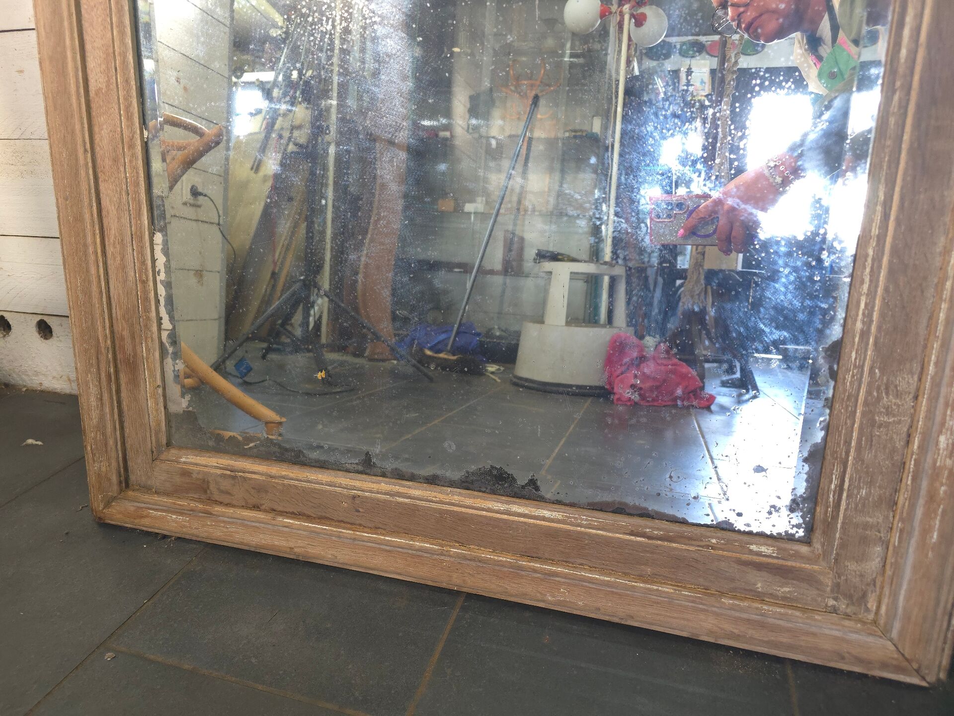 Large bevelled floor mirror in oak