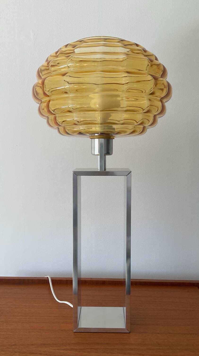 Vintage lamp in amber glass and aluminum