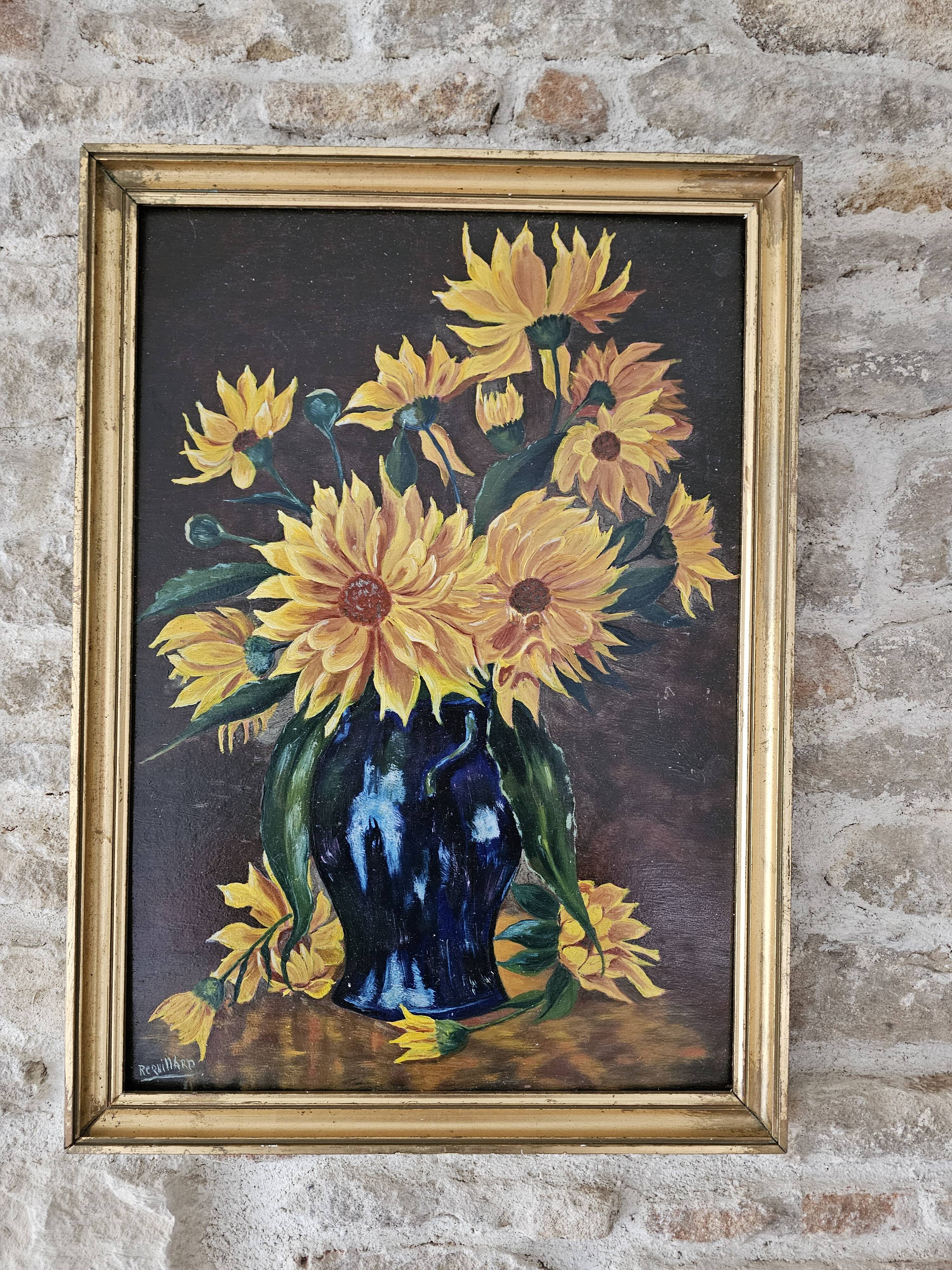 Oil painting on Isorel - Bouquet of yellow flowers Signed Rervillard