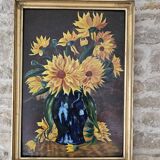 Oil painting on Isorel - Bouquet of yellow flowers Signed Rervillard