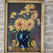 Oil painting on Isorel - Bouquet of yellow flowers Signed Rervillard
