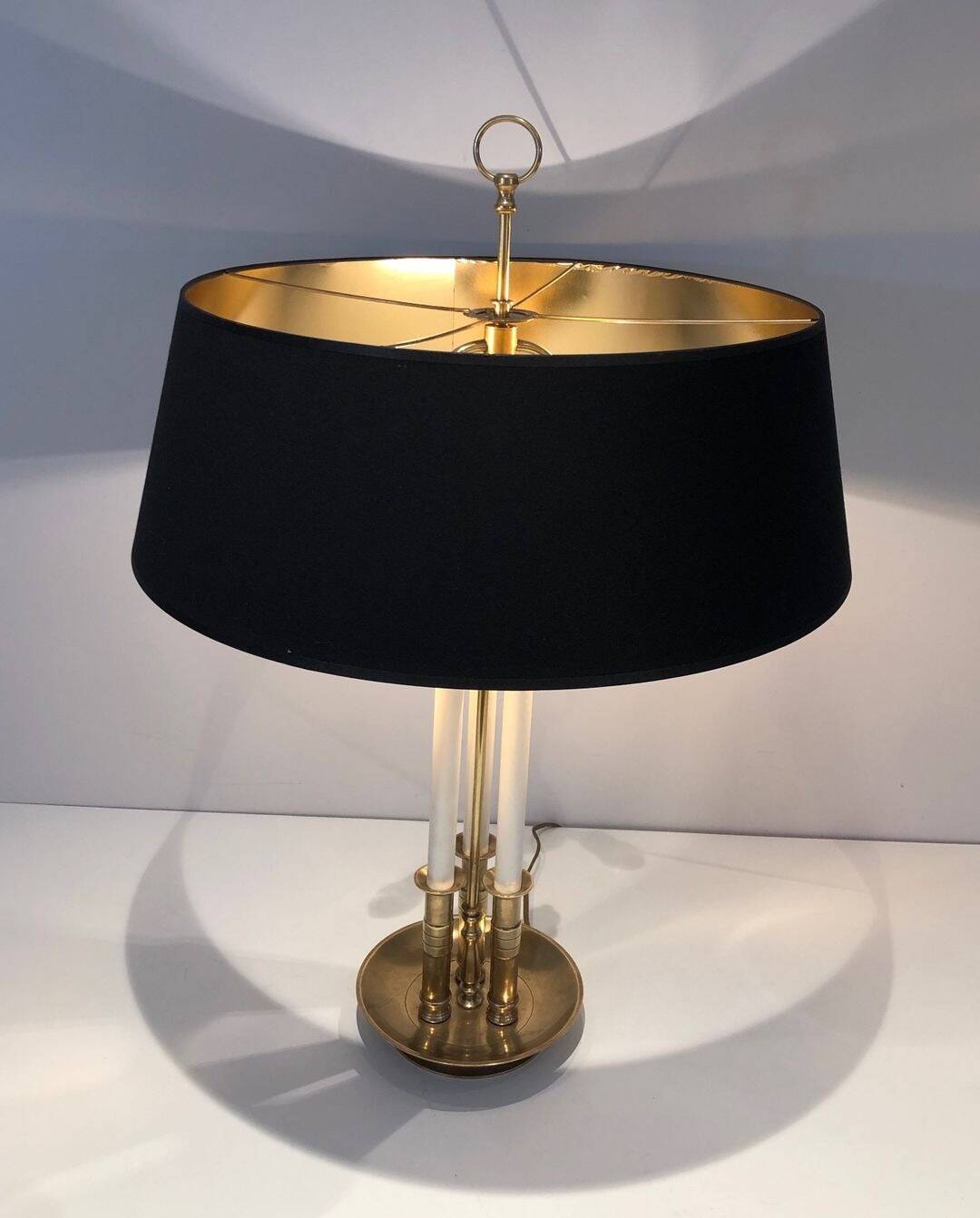 Pair of Brass and White Lacquer Table Lamps, Neoclassical Style, Tr