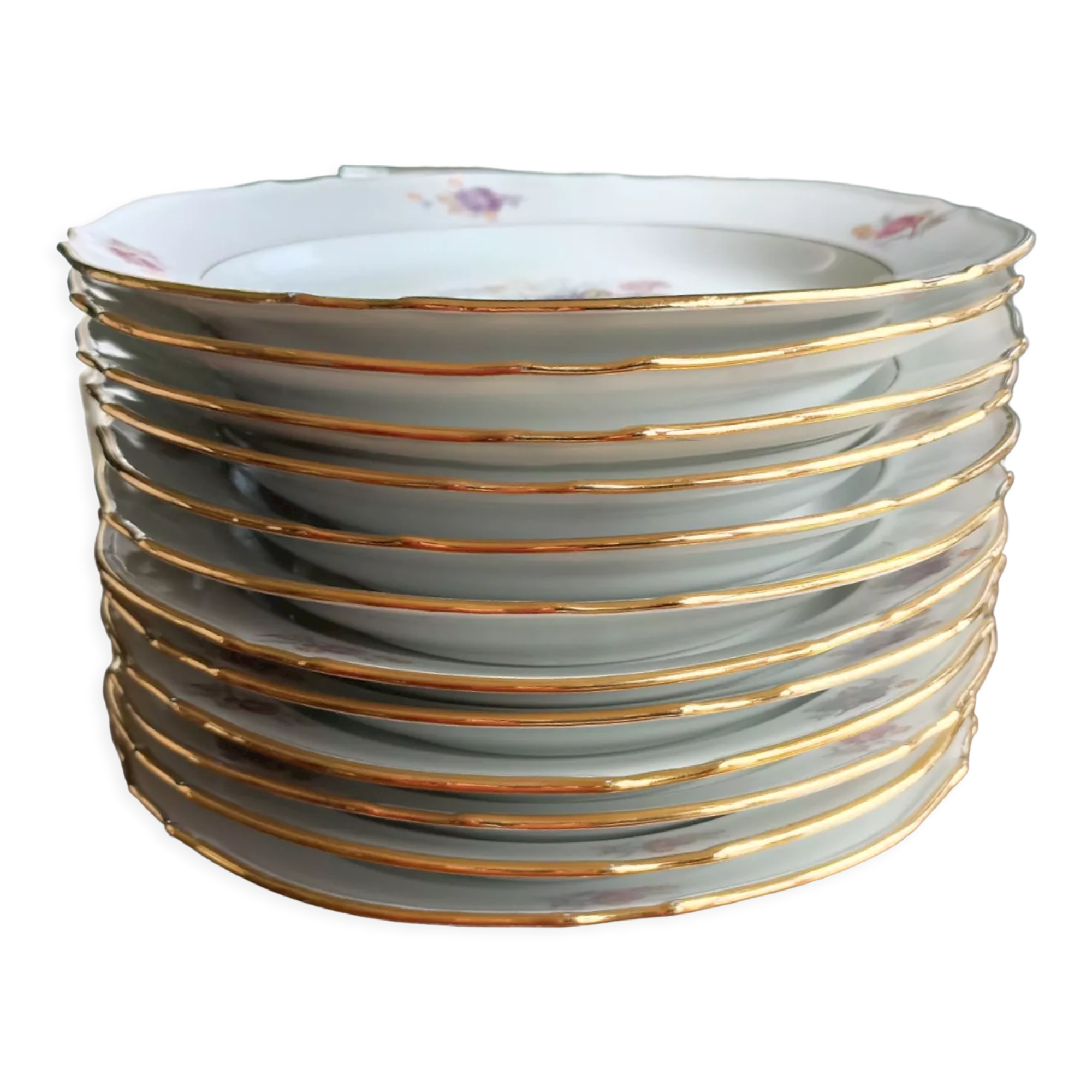 12 semi-hollow plates in Vierzon porcelain decorated with flowers and gilding