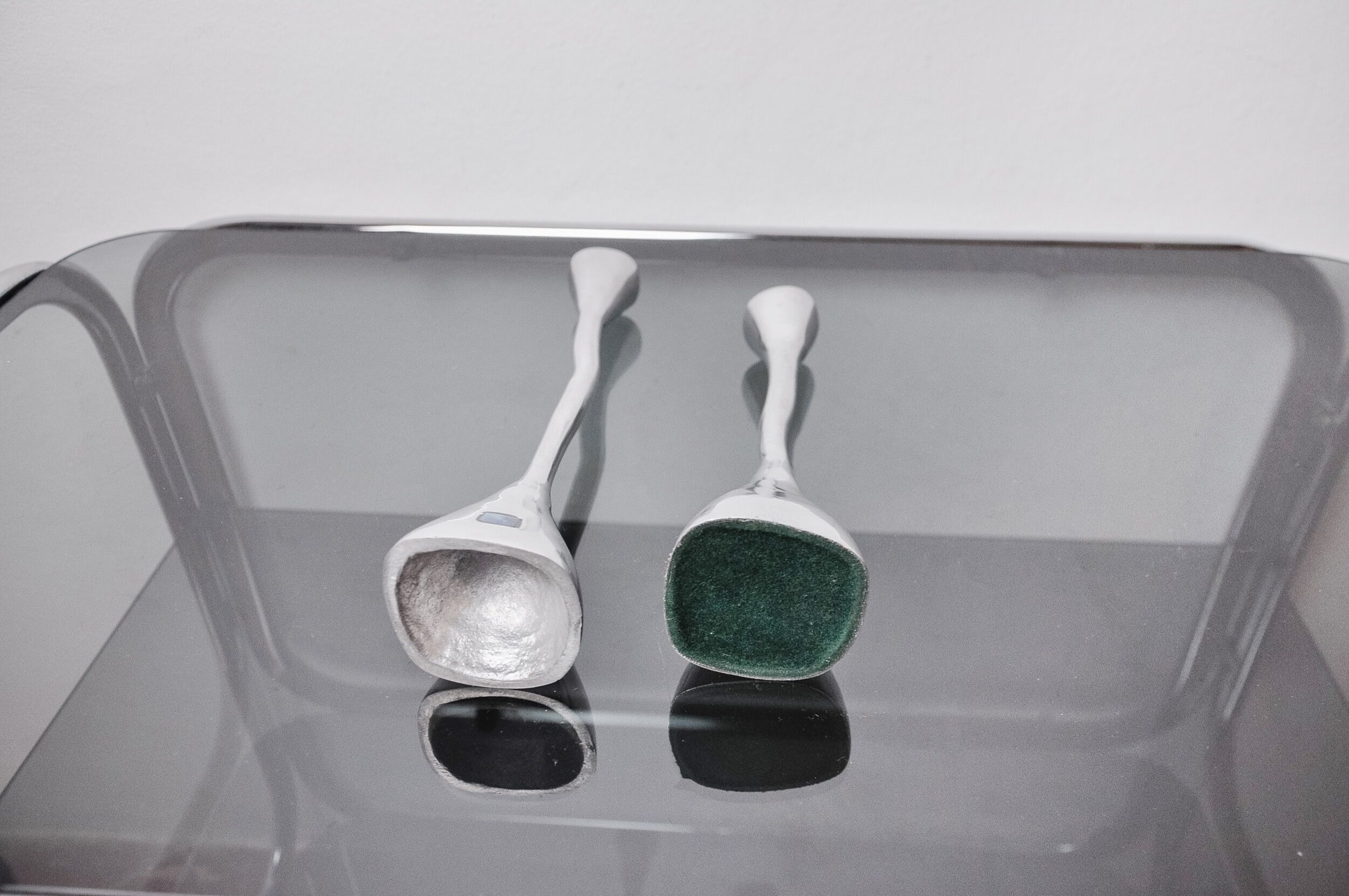 Pair of zigzag candle holders, solid aluminum and polished stone, art3, Spain, 1970