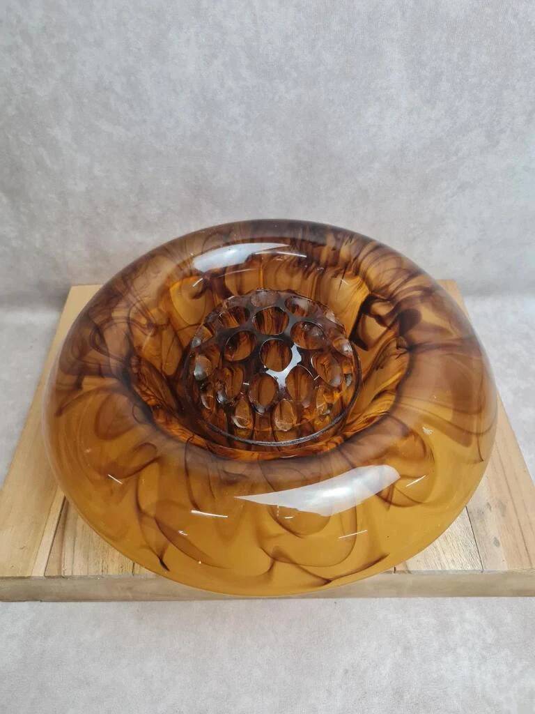 Art Deco Davidson "Cloud Glass" amber centrepiece bowl – vintage English flower holder