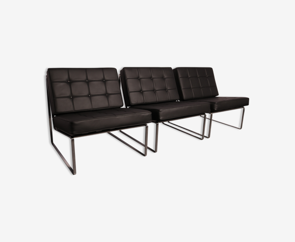 Ensemble de 3 chauffeuses en cuir noir - modèle 024 - par Kho Liang Ie pour Artifort - Pays-Bas