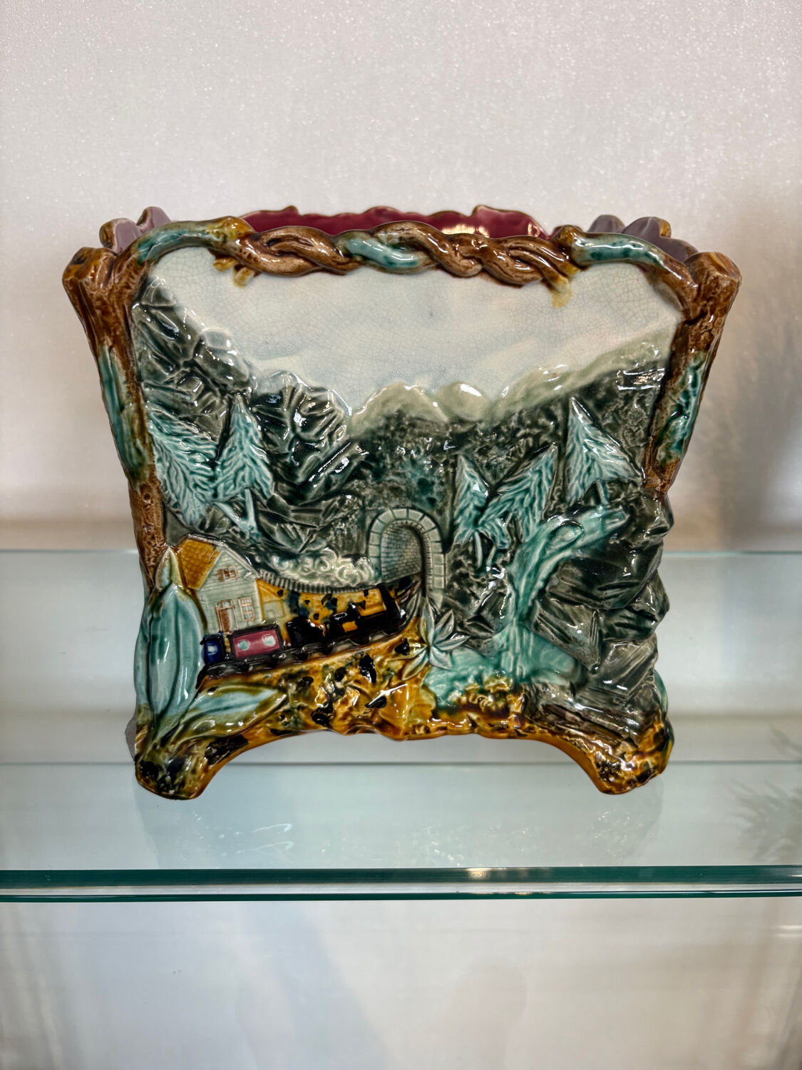 Antique cache-pot in earthenware barbotine – landscape & train decoration – early