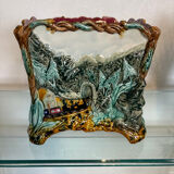 Antique cache-pot in earthenware barbotine – landscape & train decoration – early