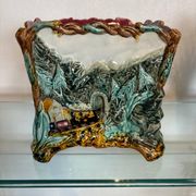 Antique cache-pot in earthenware barbotine – landscape & train decoration – early