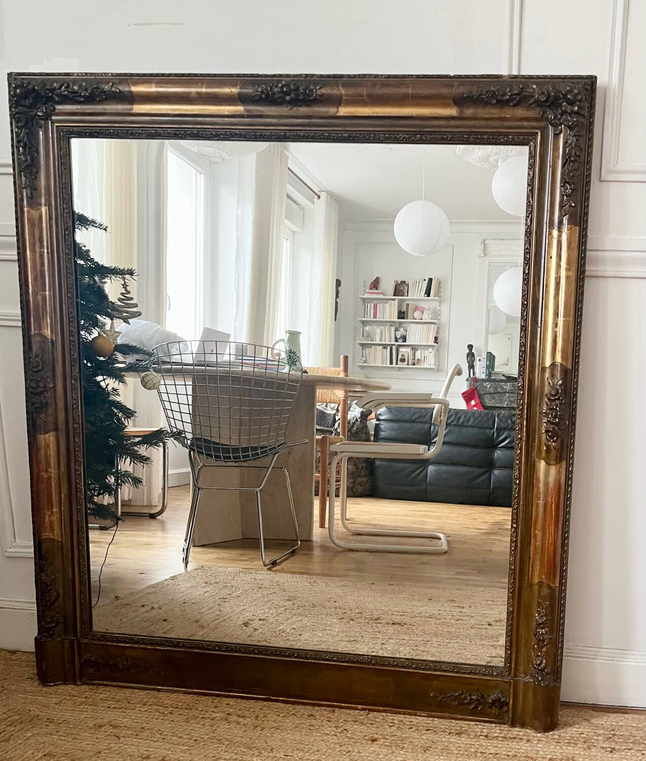 Large antique gilded wood mirror, 108cm x 118cm