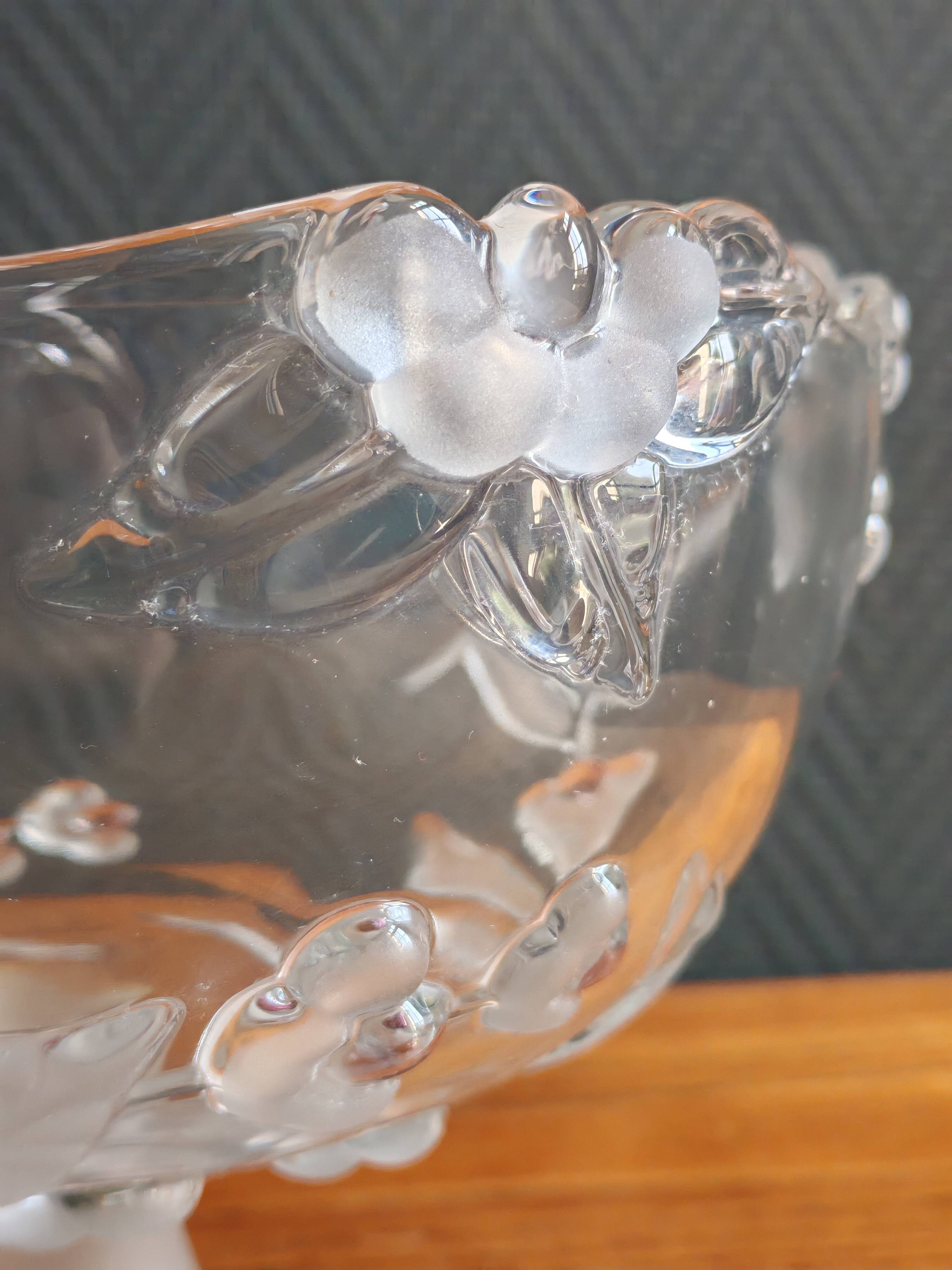 Vintage Frosted Glass Footed Bowl – Relief Decor of Pink Flowers