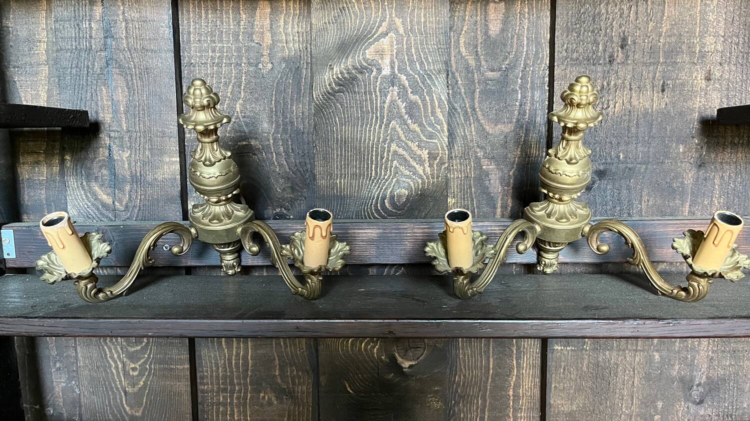 Pair of vintage golden bronze 2-light wall lights