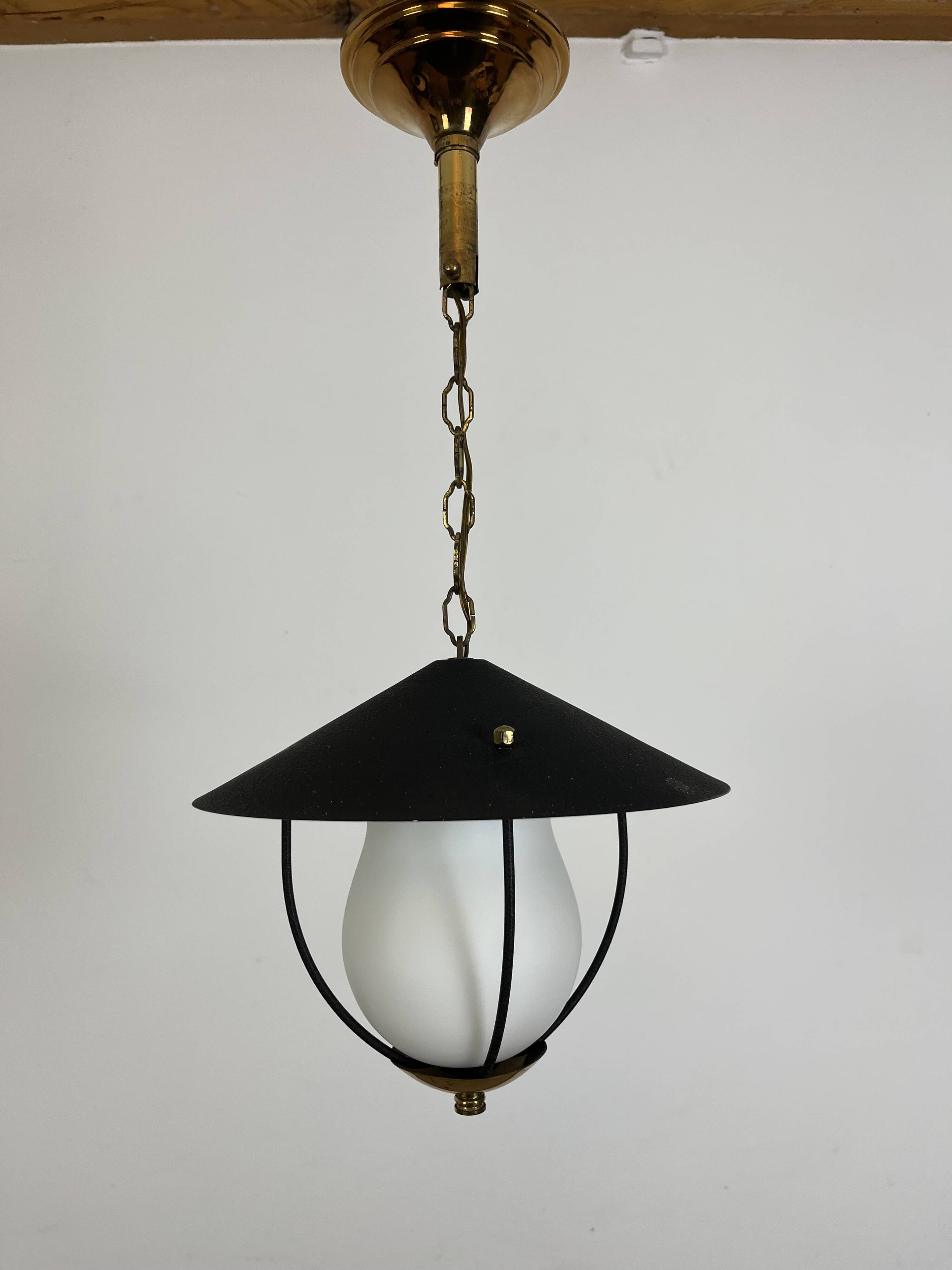 50s lantern pendant light, opaline and metal