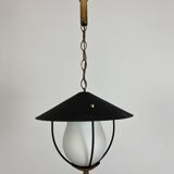 50s lantern pendant light, opaline and metal