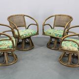 1980s Set of Four Rattan Armchairs with Fabric Pillows