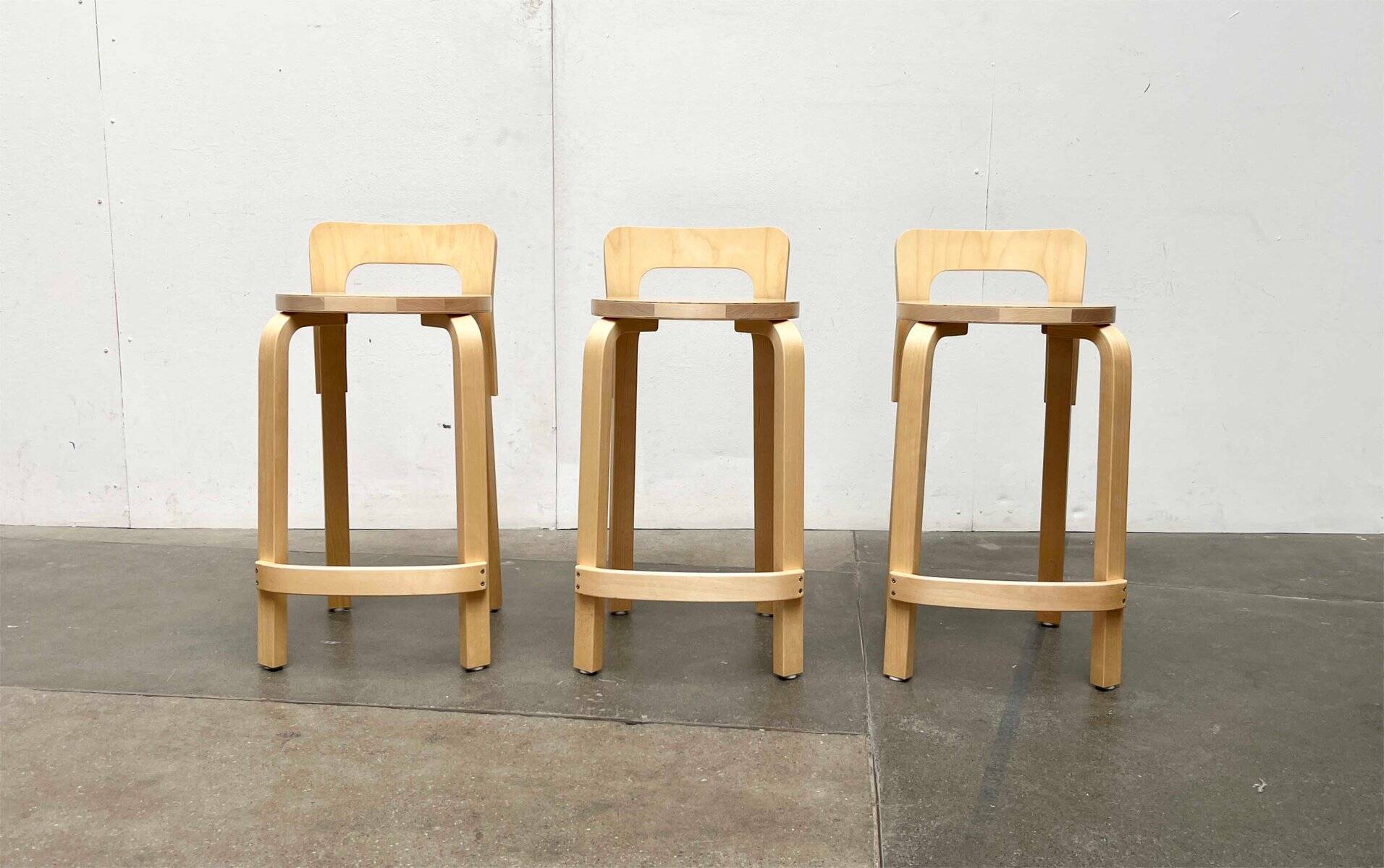 Mid-Century Modern High Stools K65 by Alvar Aalto for Artek, Finland, 2017, Set of 3