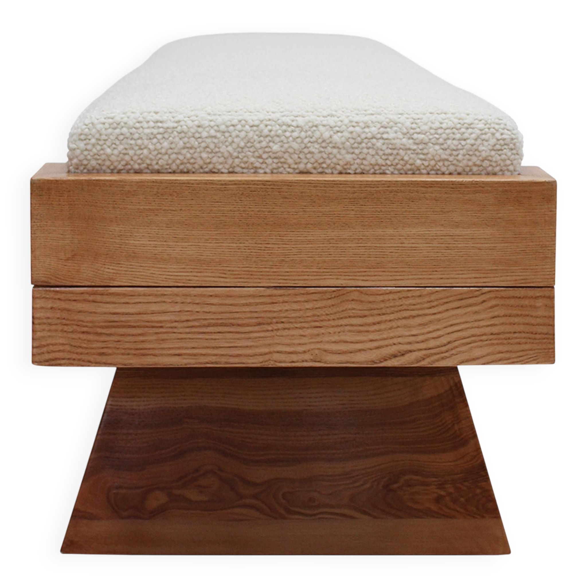 Brutalist Style Bench with Solid Oak Pyramid Bases and Ivory Bouclé Upholstery