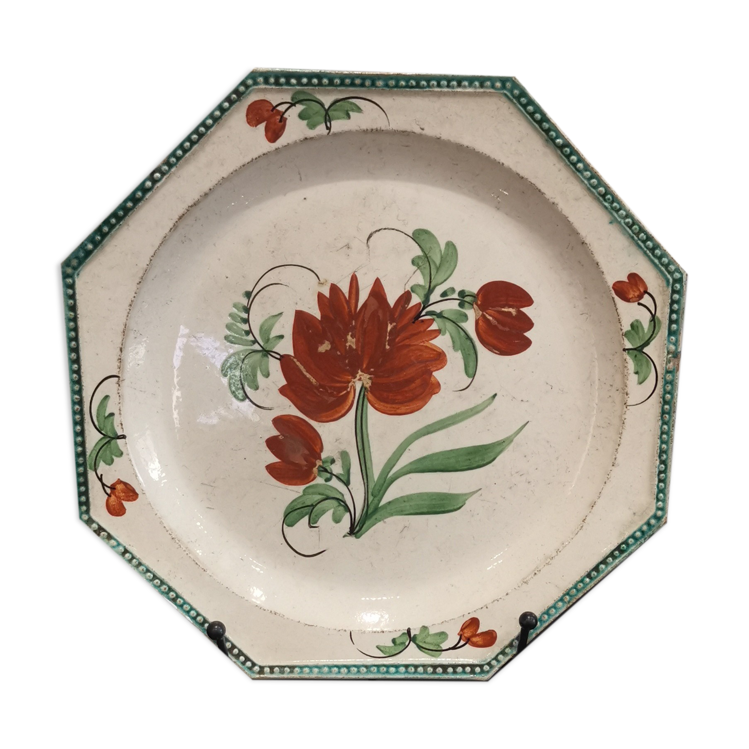 Ancienne assiette octogonale faïence fine polychrome Aumale début XIXe Empire