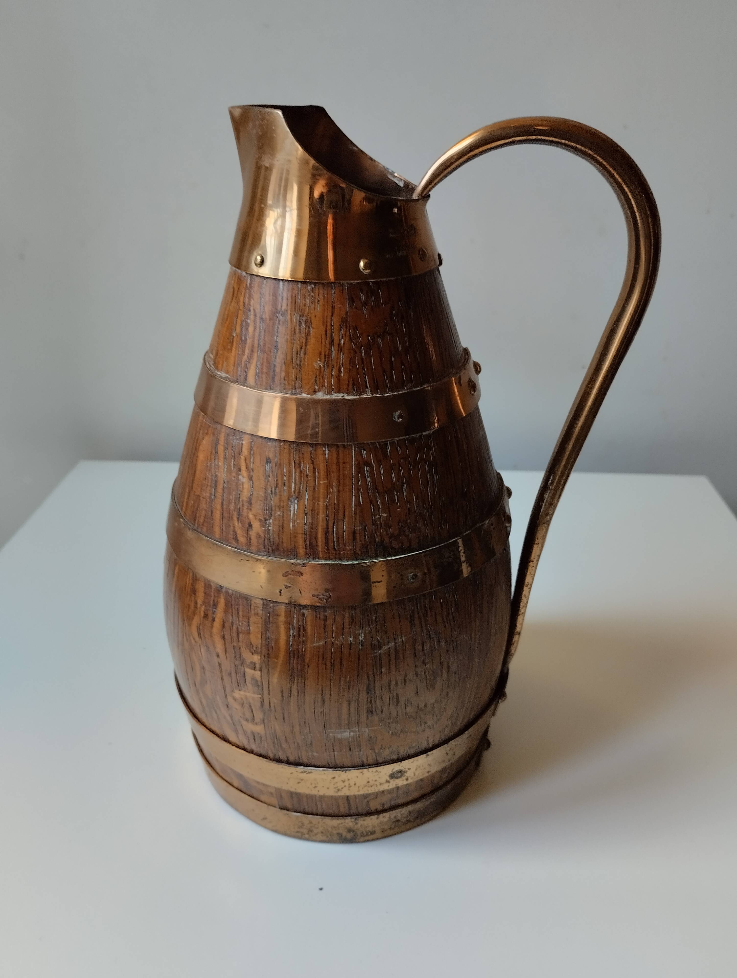 Copper oak cider pitcher signed Gerard Laffitte Meilleur Ouvrier de France 1933