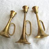 3 brass trumpet candlesticks