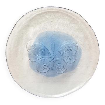 Large vintage Scandinavian glass plate with butterfly pattern, 1970s.