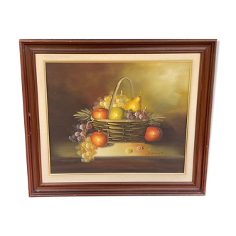 Huile sur toile par j philippe nature morte aux fruits xxeme cadre bois