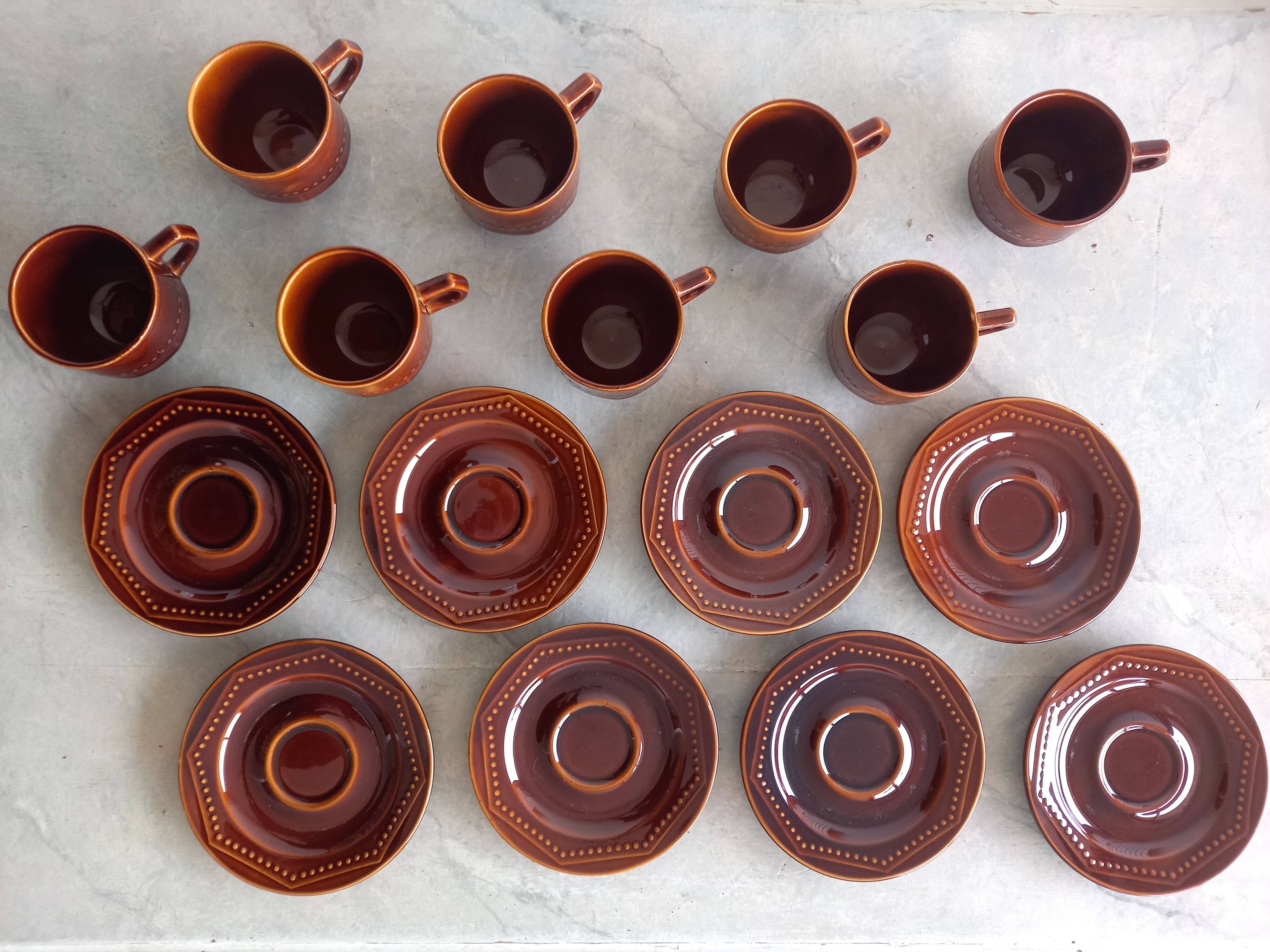 Set of 8 Vintage (1970) Belgian Brown Coffee/Tea Cups and Saucers