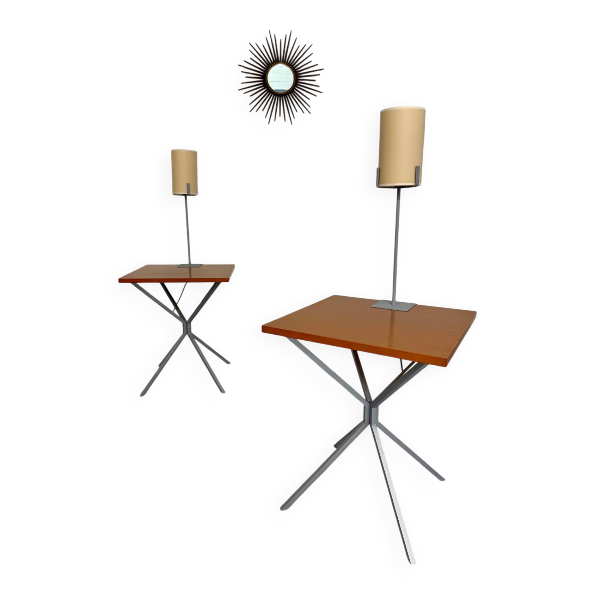 Side table / bedside table with designer lighting, Ligne Roset metal and wood