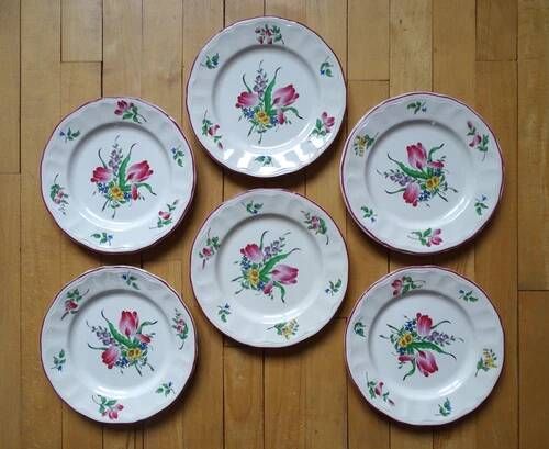 Kg luneville "réverbère" 6 flat plates earthenware hand-painted flowers ø25.5 cm