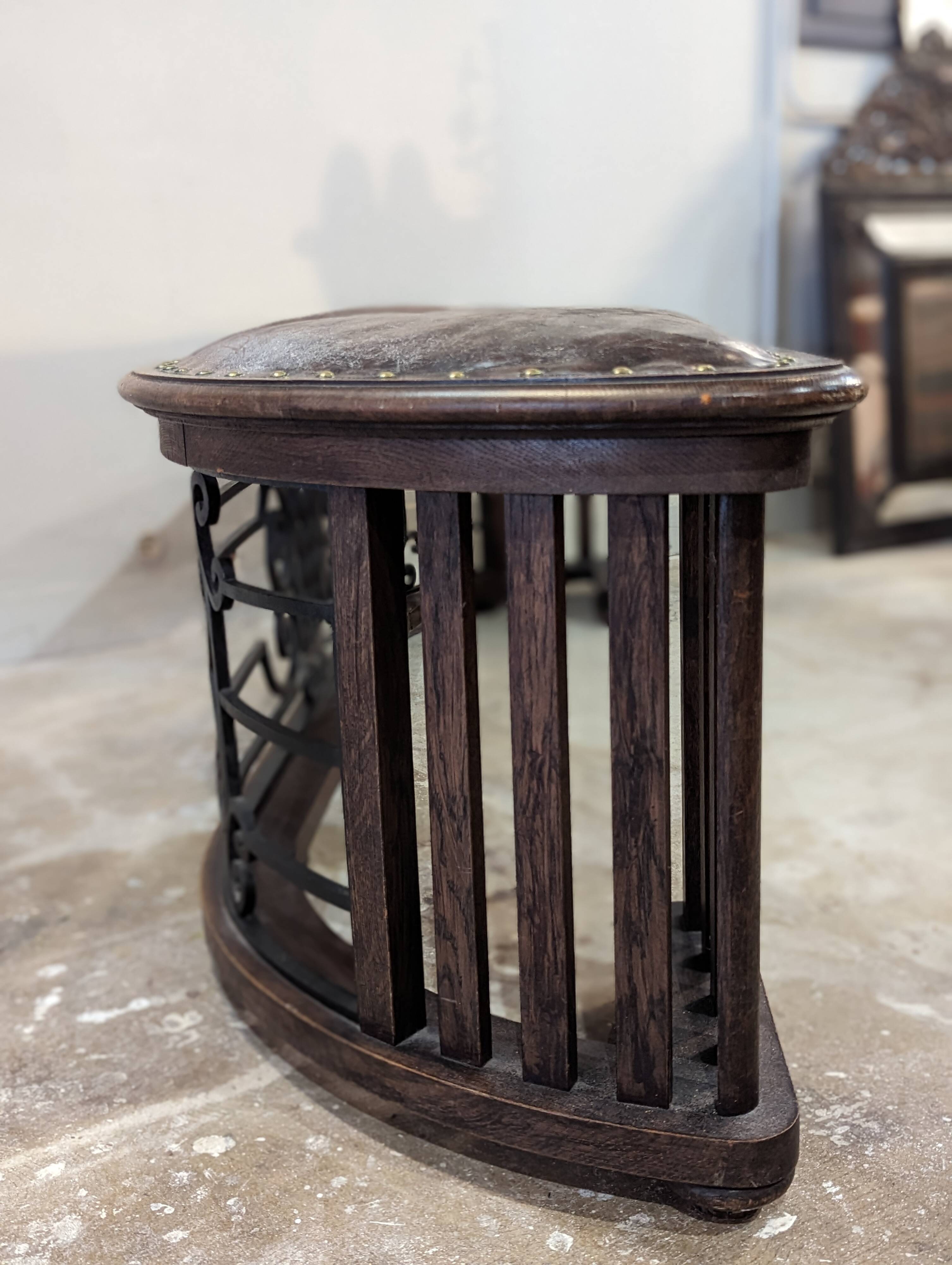 Old fireplace bench, wrought iron leather and oak