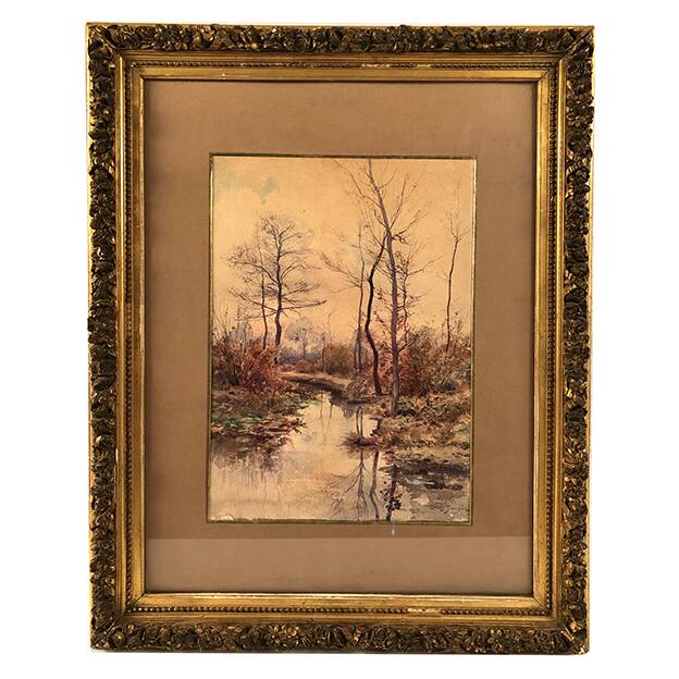 Louis Tauzin (1842-1915), “Landscape at the river” watercolor signed and framed