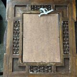 Oriental mirror in carved and turned wood inlaid with mother-of-pearl H 44/L 38 cm