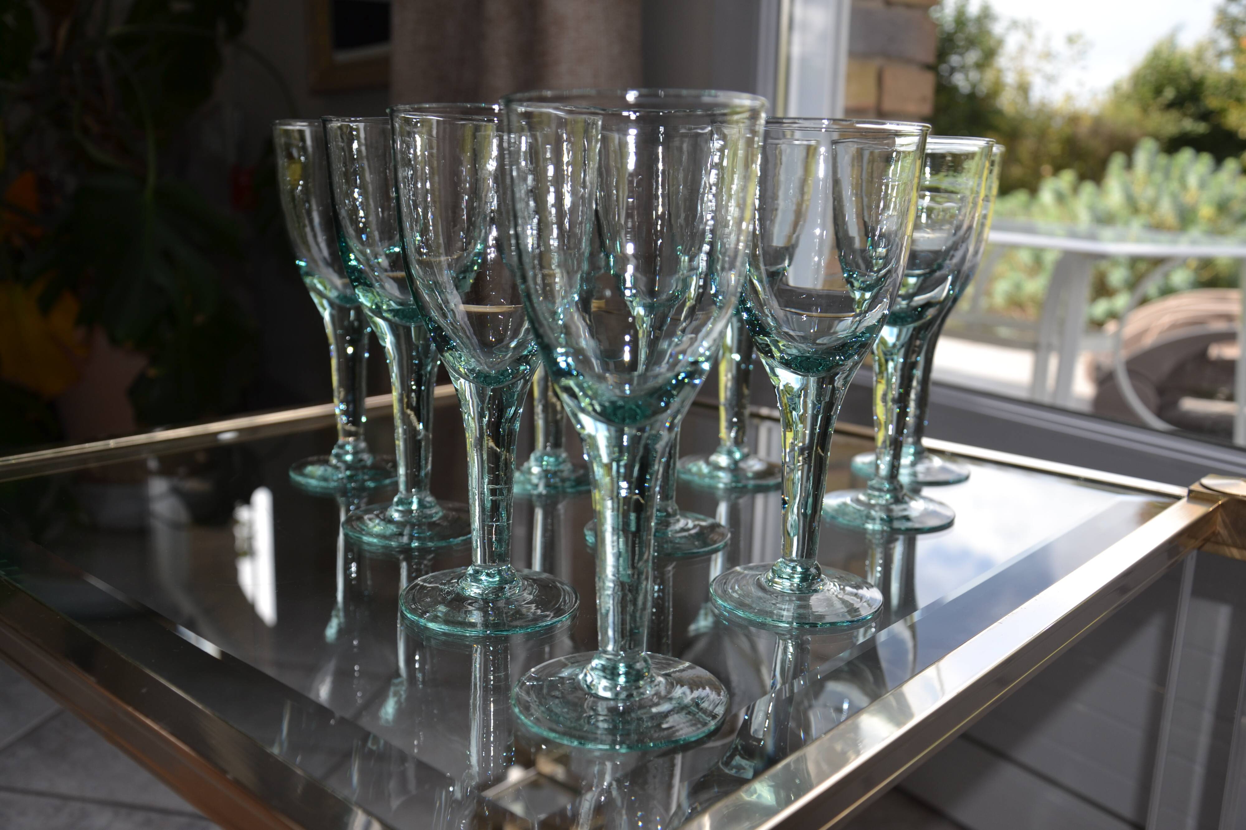 Set of hand-blown stemmed bubble glasses