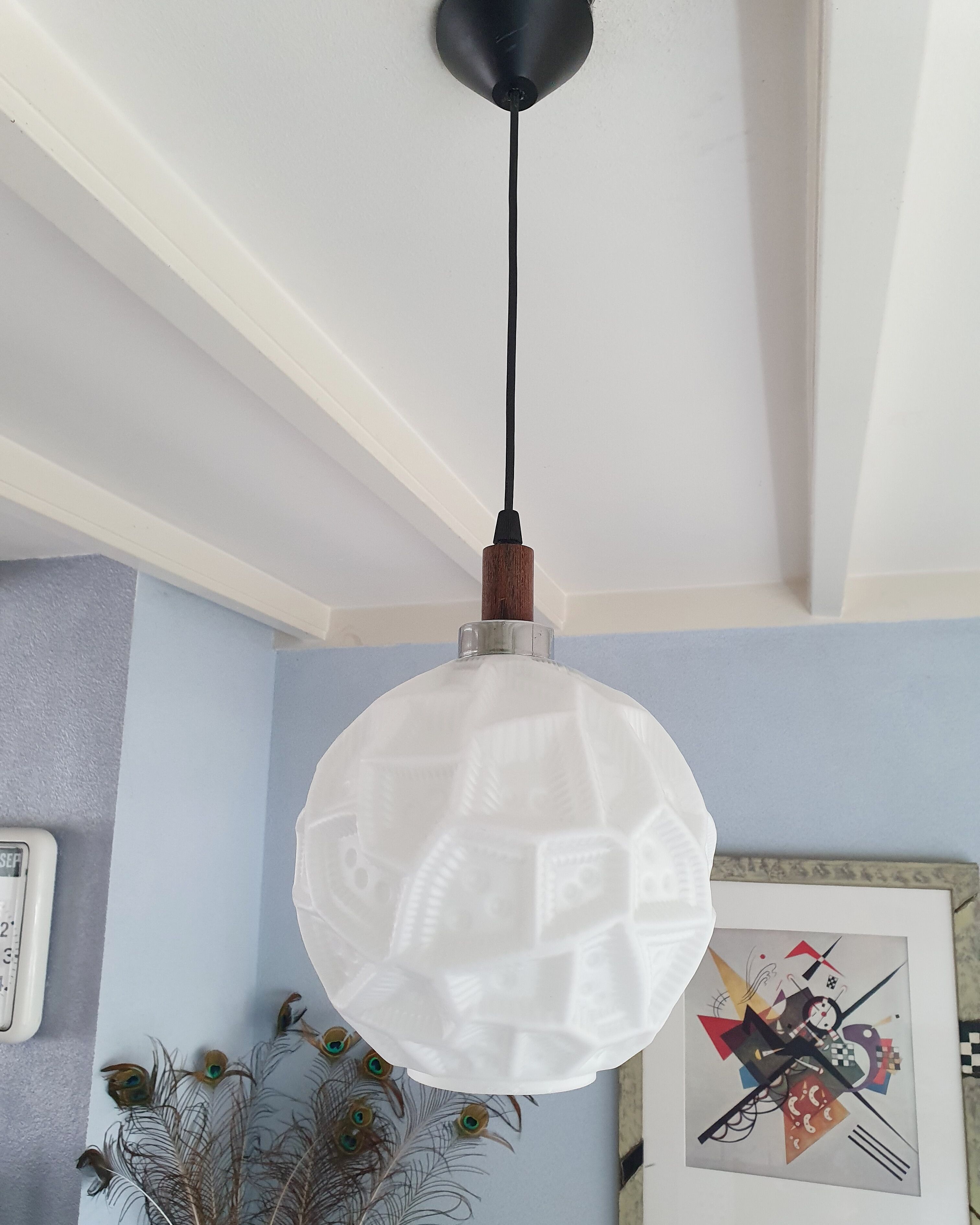Glass sphere pendant light with teak, danish design, 70s