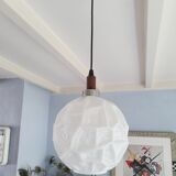 Glass sphere pendant light with teak, danish design, 70s