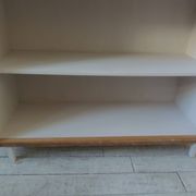 Vintage library in oak veneer, pearl grey interior, metal legs.