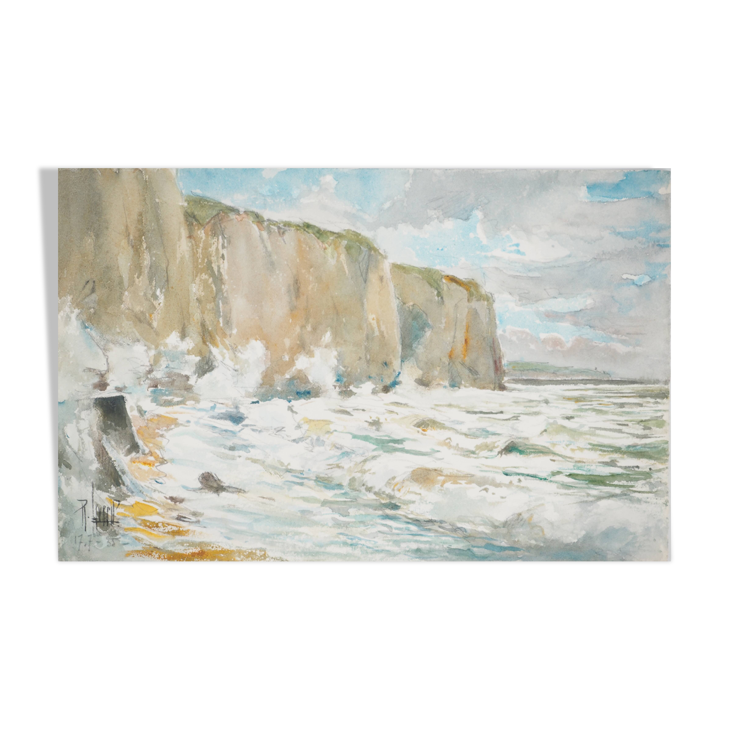 René leverd: waves against the cliffs, original signed watercolor