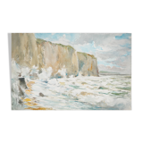 René leverd: waves against the cliffs, original signed watercolor