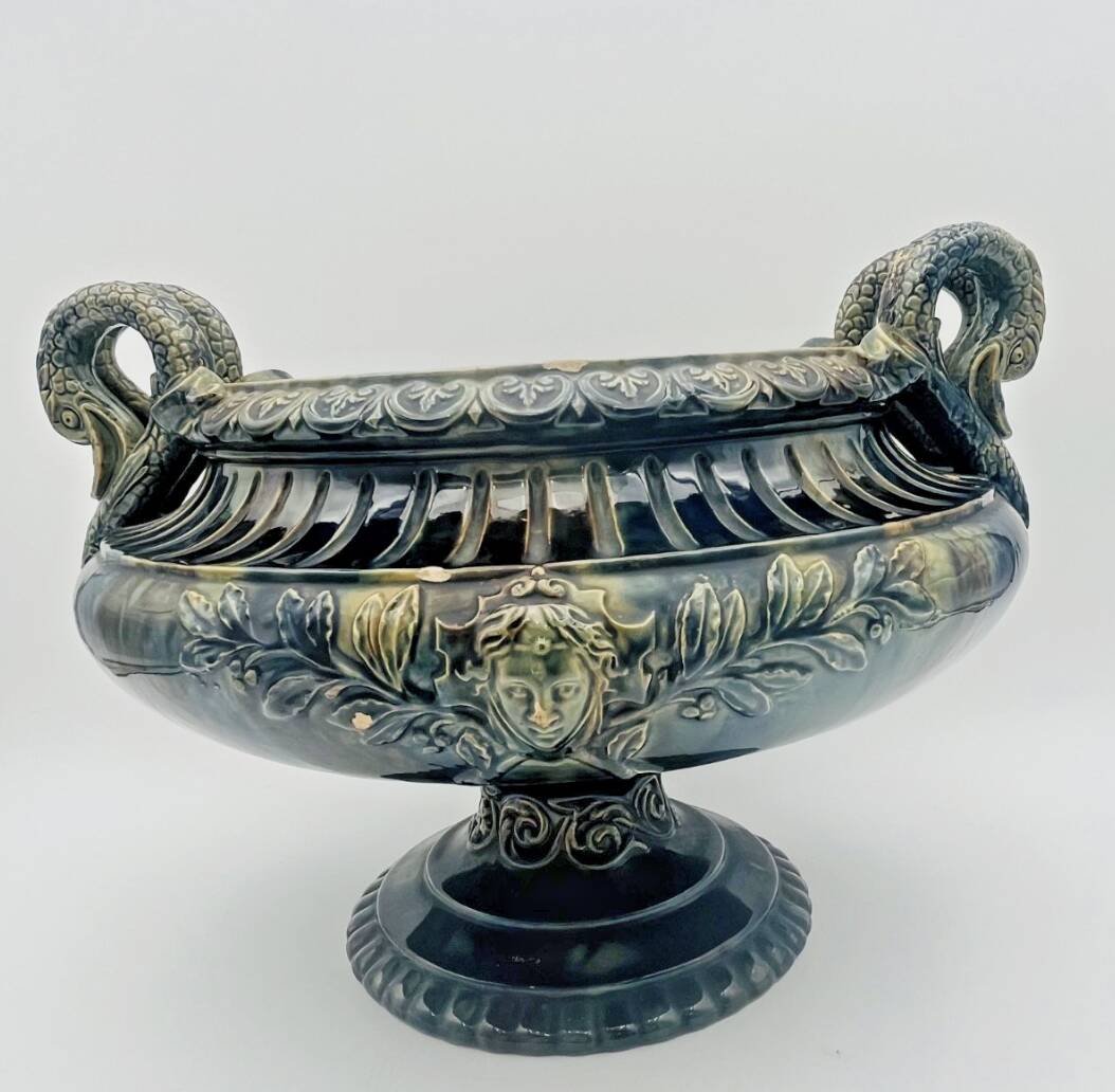 Large footed bowl in green and blue glazed ceramic