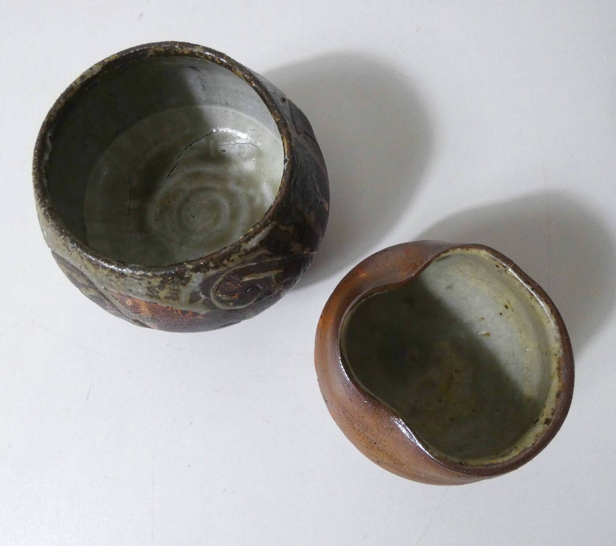 2 asymmetrical brutalist stoneware bowls signed G.Toutous Vintage