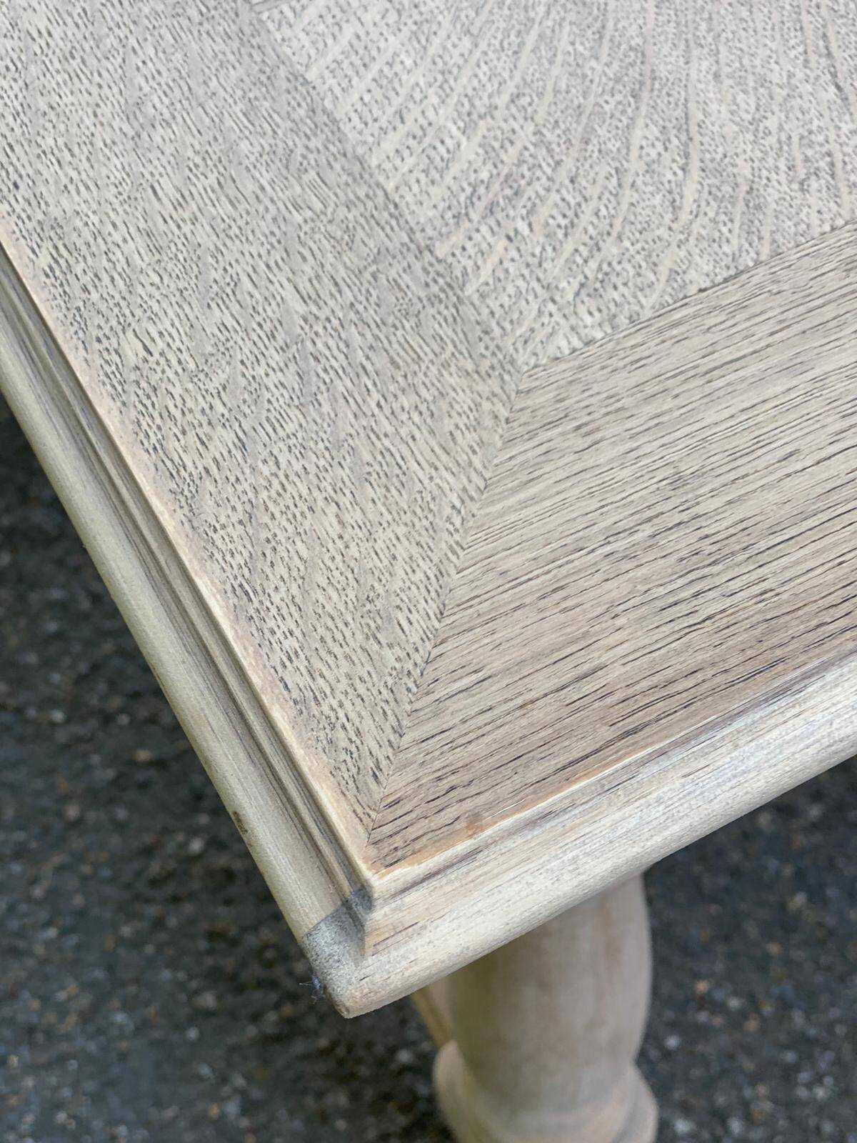 Extendable rectangular farmhouse table renovated oak and marquetry 255cm