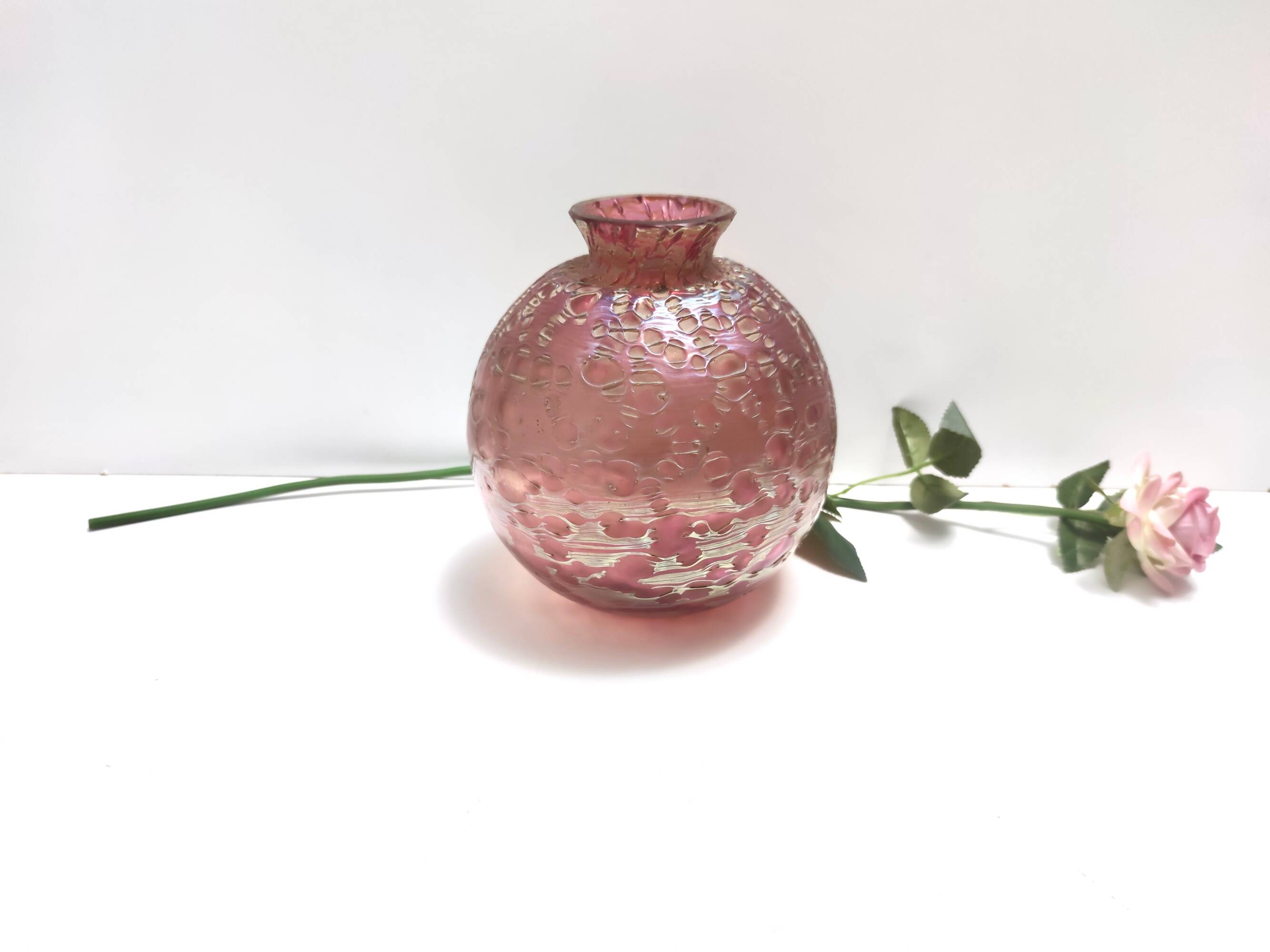 Pink Iridescent Etched Blown Glass Vase "Diaspora" by Loetz