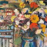 Painting HST "Floral composition with fortifications" J.M. Julien, early XX°