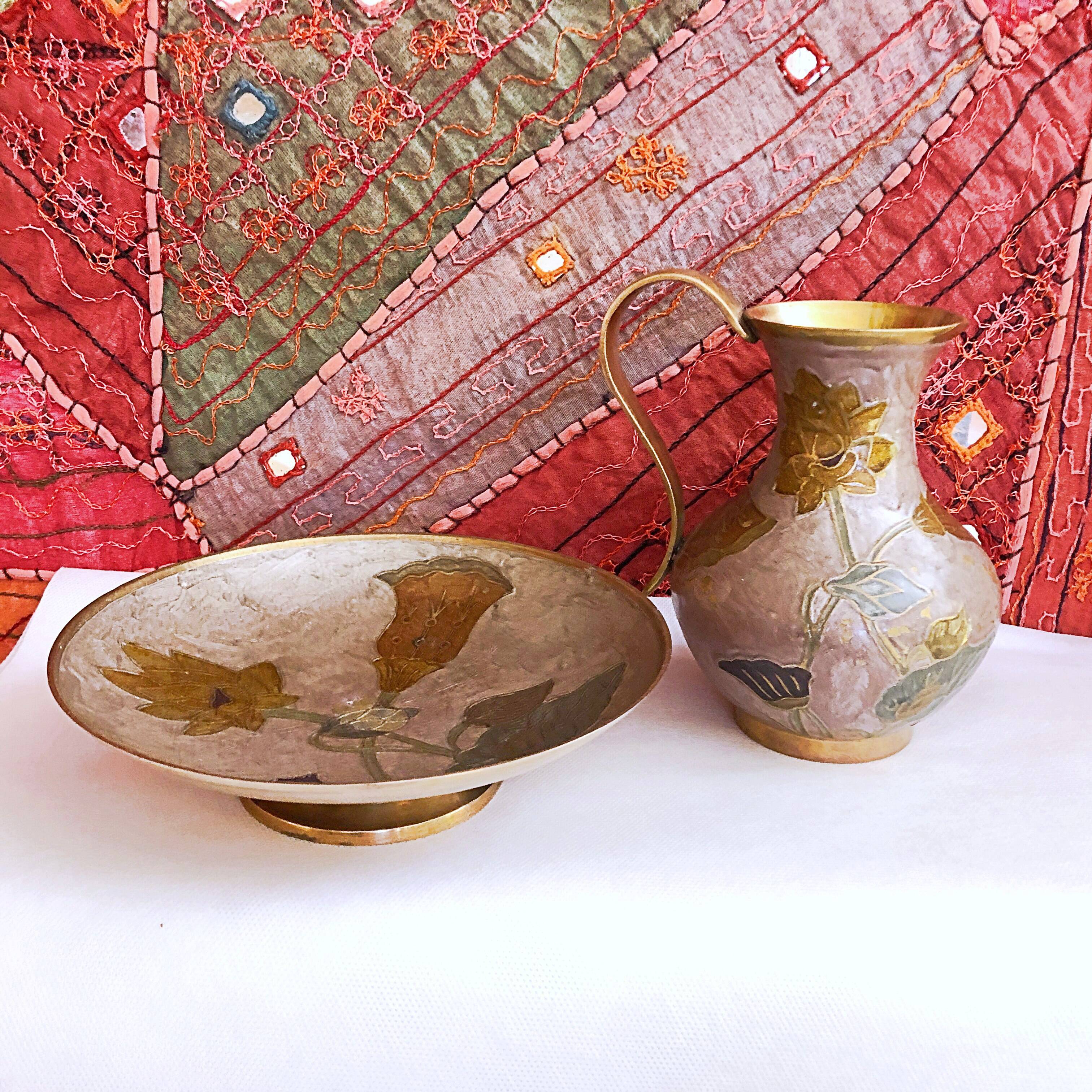Enamelled brass carafe and cup set