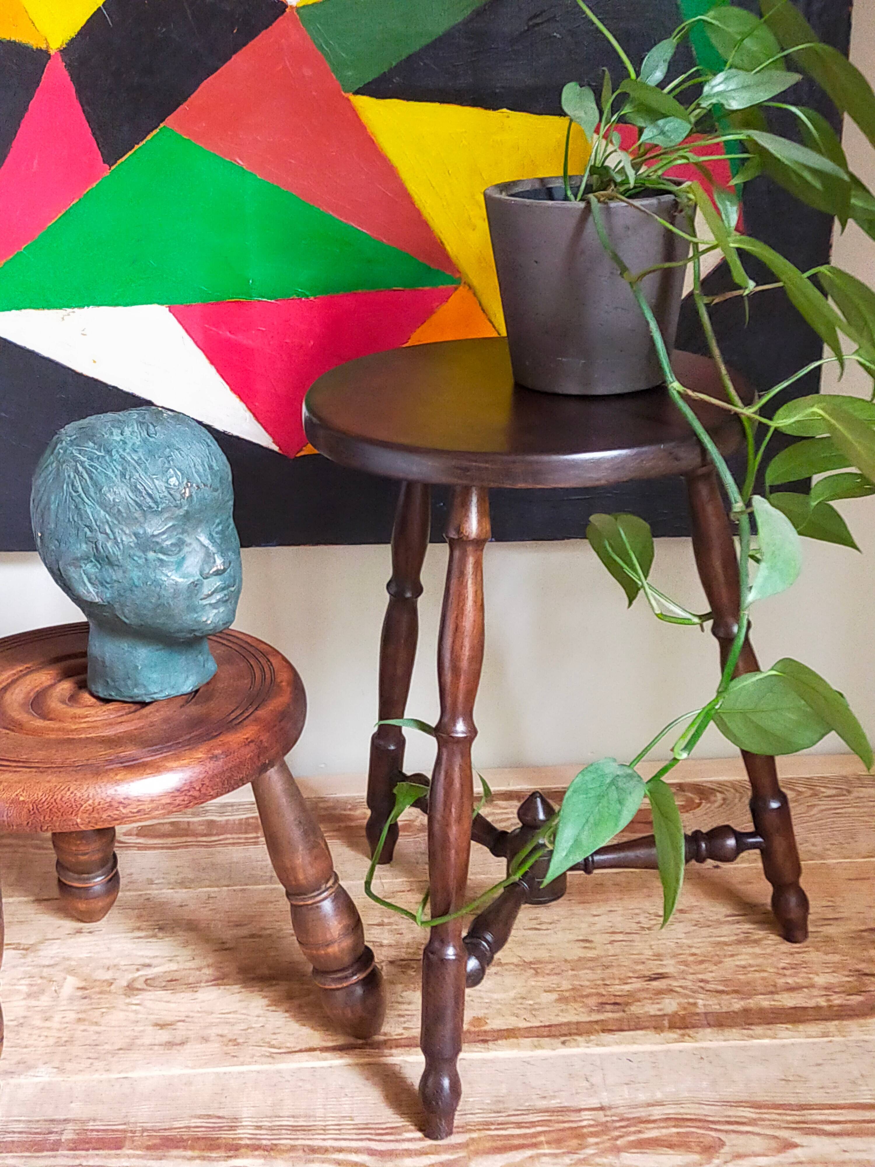 Vintage turned solid wood tripod stool